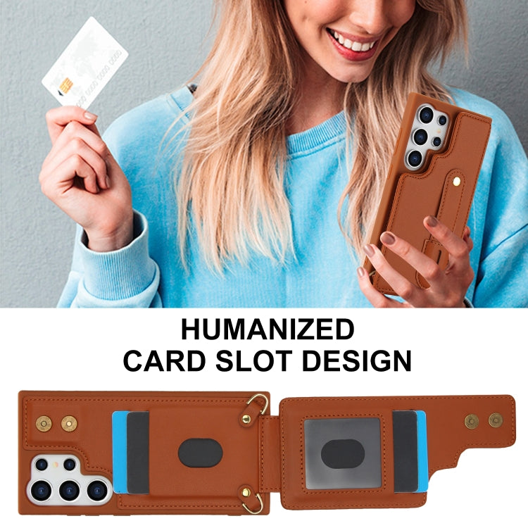 For Samsung Galaxy S25 Ultra 5G Wristband Vertical Flip Wallet Back Cover Phone Case with Long Lanyard(Brown) by buy2fix