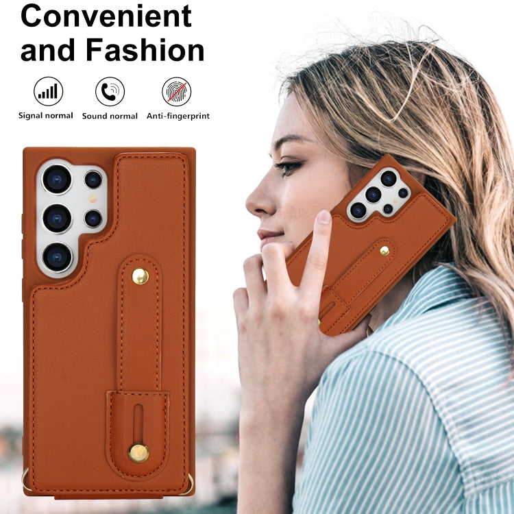 For Samsung Galaxy S25 Ultra 5G Wristband Vertical Flip Wallet Back Cover Phone Case with Long Lanyard(Brown) by buy2fix