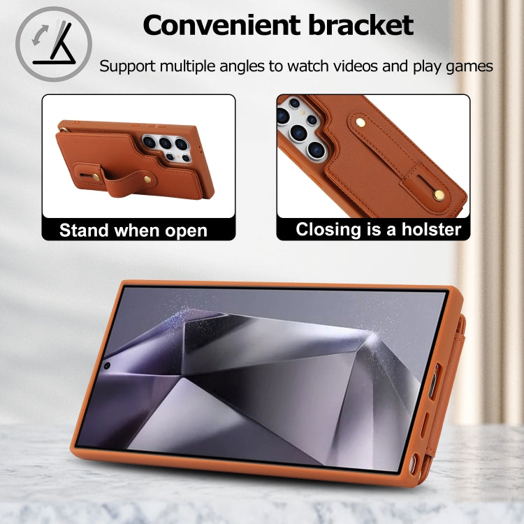 For Samsung Galaxy S25 Ultra 5G Wristband Vertical Flip Wallet Back Cover Phone Case with Long Lanyard(Brown) by buy2fix