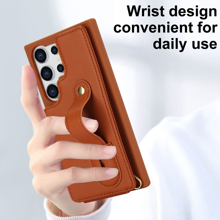 For Samsung Galaxy S25 Ultra 5G Wristband Vertical Flip Wallet Back Cover Phone Case with Long Lanyard(Brown) by buy2fix