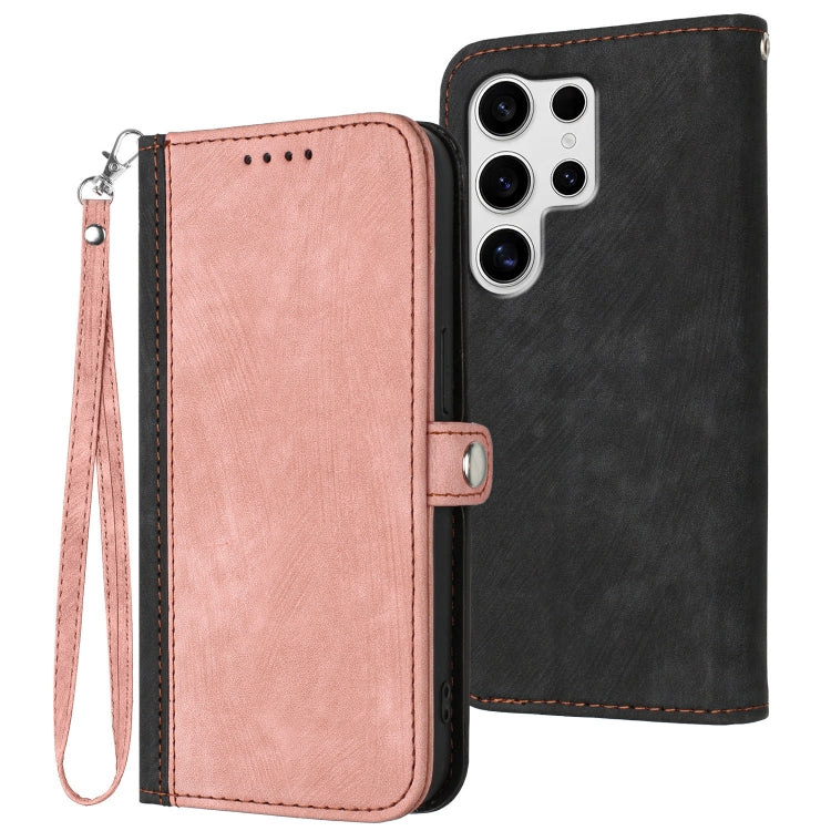For Samsung Galaxy S25 Ultra 5G Side Buckle Double Fold Hand Strap Leather Phone Case(Pink) by buy2fix