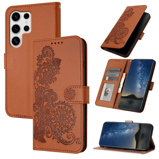 For Samsung Galaxy S25 Ultra 5G Datura Flower Embossed Flip Leather Phone Case(Brown) by buy2fix