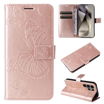 For Samsung Galaxy S25 Ultra 5G 3D Butterfly Embossed Pattern Flip Leather Phone Case(Rose Gold) by buy2fix