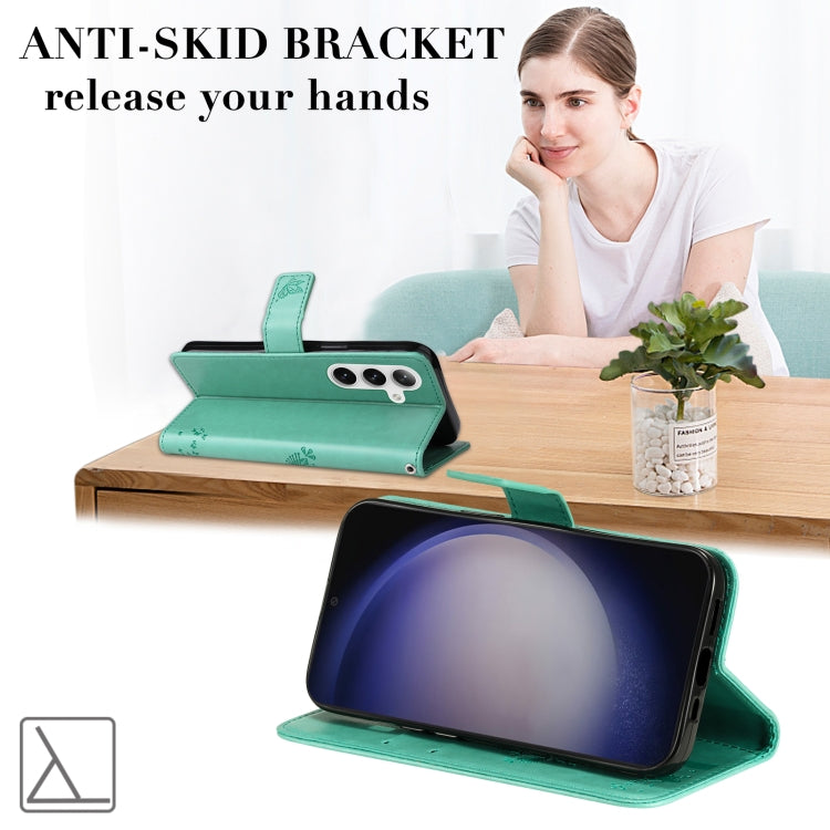 For Samsung Galaxy S25 / S24 5G Tree & Cat Embossed Pattern Flip Leather Phone Case(Green) by buy2fix