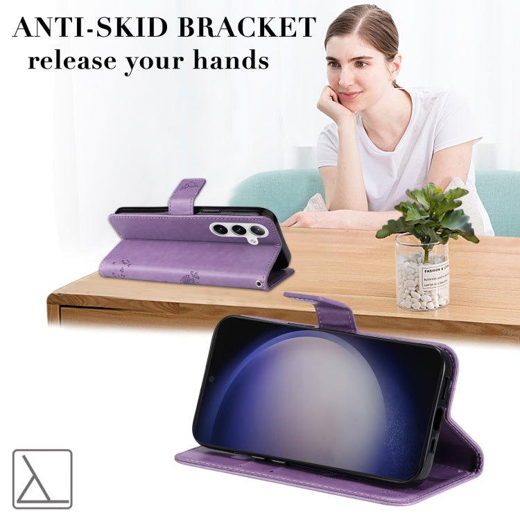 For Samsung Galaxy S25 / S24 5G Tree & Cat Embossed Pattern Flip Leather Phone Case(Light Purple) by buy2fix