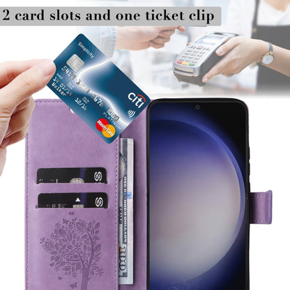 For Samsung Galaxy S25 / S24 5G Tree & Cat Embossed Pattern Flip Leather Phone Case(Light Purple) by buy2fix