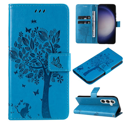 For Samsung Galaxy S25 / S24 5G Tree & Cat Embossed Pattern Flip Leather Phone Case(Blue) by buy2fix
