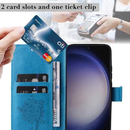 For Samsung Galaxy S25 / S24 5G Tree & Cat Embossed Pattern Flip Leather Phone Case(Blue) by buy2fix