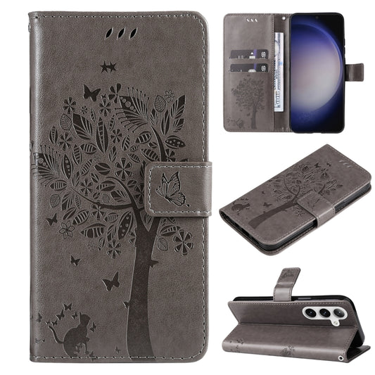 For Samsung Galaxy S25 / S24 5G Tree & Cat Embossed Pattern Flip Leather Phone Case(Grey) by buy2fix