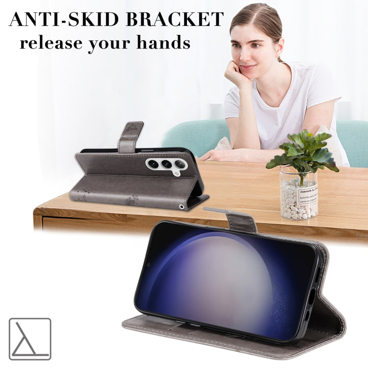 For Samsung Galaxy S25 / S24 5G Tree & Cat Embossed Pattern Flip Leather Phone Case(Grey) by buy2fix