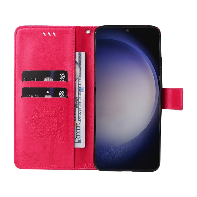 For Samsung Galaxy S25 / S24 5G Tree & Cat Embossed Pattern Flip Leather Phone Case(Rose Red) by buy2fix