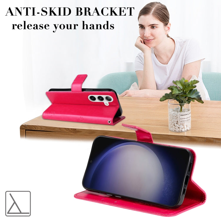 For Samsung Galaxy S25 / S24 5G Tree & Cat Embossed Pattern Flip Leather Phone Case(Rose Red) by buy2fix