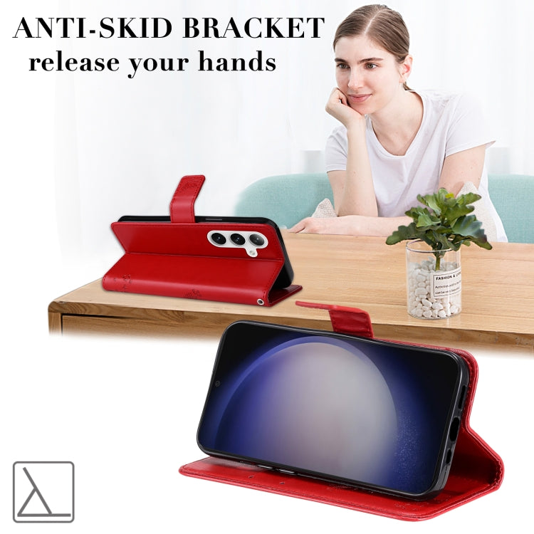 For Samsung Galaxy S25 / S24 5G Tree & Cat Embossed Pattern Flip Leather Phone Case(Red) by buy2fix