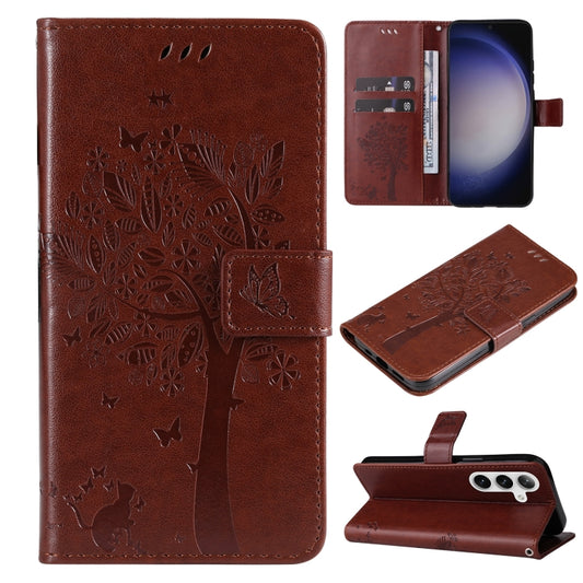 For Samsung Galaxy S25 / S24 5G Tree & Cat Embossed Pattern Flip Leather Phone Case(Coffee) by buy2fix