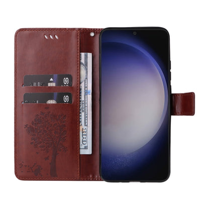 For Samsung Galaxy S25 / S24 5G Tree & Cat Embossed Pattern Flip Leather Phone Case(Coffee) by buy2fix