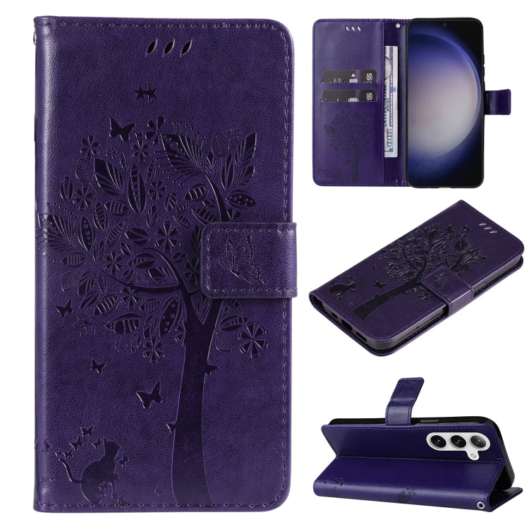 For Samsung Galaxy S25 / S24 5G Tree & Cat Embossed Pattern Flip Leather Phone Case(Purple) by buy2fix