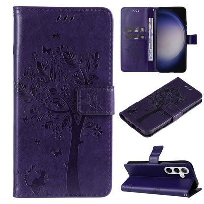 For Samsung Galaxy S25 / S24 5G Tree & Cat Embossed Pattern Flip Leather Phone Case(Purple) by buy2fix