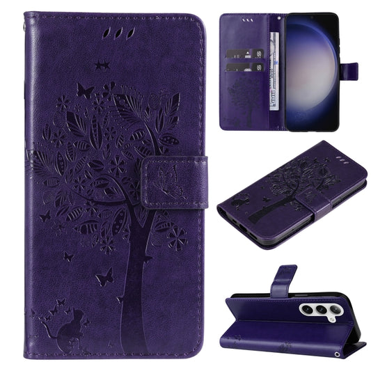 For Samsung Galaxy S25 / S24 5G Tree & Cat Embossed Pattern Flip Leather Phone Case(Purple) by buy2fix