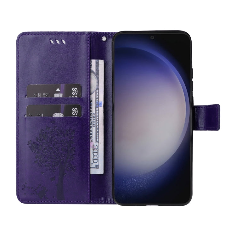 For Samsung Galaxy S25 / S24 5G Tree & Cat Embossed Pattern Flip Leather Phone Case(Purple) by buy2fix