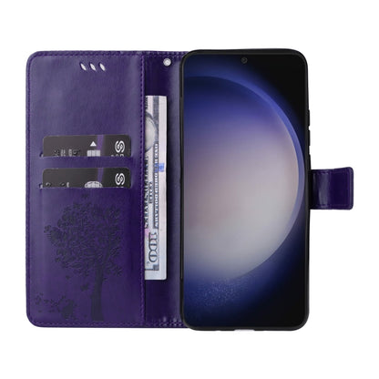 For Samsung Galaxy S25 / S24 5G Tree & Cat Embossed Pattern Flip Leather Phone Case(Purple) by buy2fix