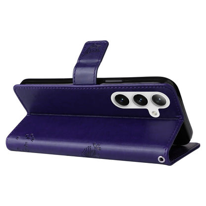 For Samsung Galaxy S25 / S24 5G Tree & Cat Embossed Pattern Flip Leather Phone Case(Purple) by buy2fix