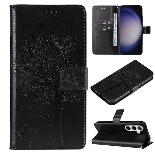 For Samsung Galaxy S25 / S24 5G Tree & Cat Embossed Pattern Flip Leather Phone Case(Black) by buy2fix