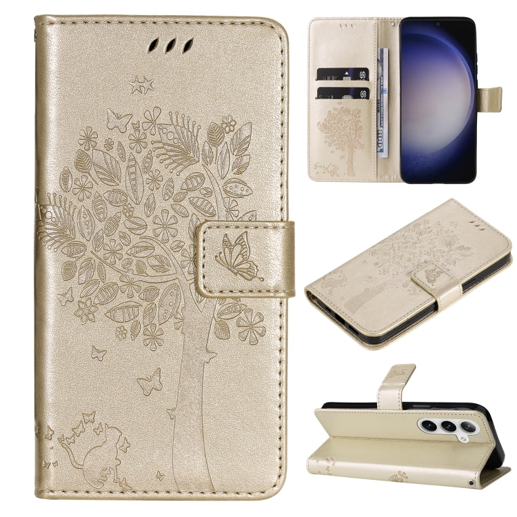 For Samsung Galaxy S25 / S24 5G Tree & Cat Embossed Pattern Flip Leather Phone Case(Gold) by buy2fix