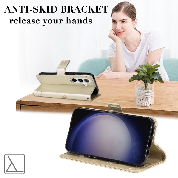 For Samsung Galaxy S25 / S24 5G Tree & Cat Embossed Pattern Flip Leather Phone Case(Gold) by buy2fix