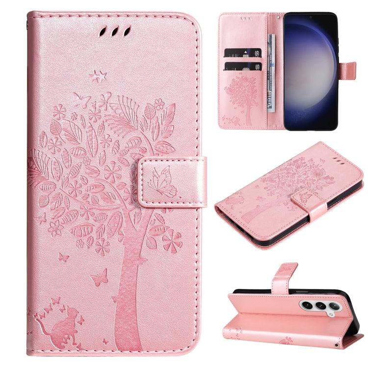 For Samsung Galaxy S25 / S24 5G Tree & Cat Embossed Pattern Flip Leather Phone Case(Rose Gold) by buy2fix