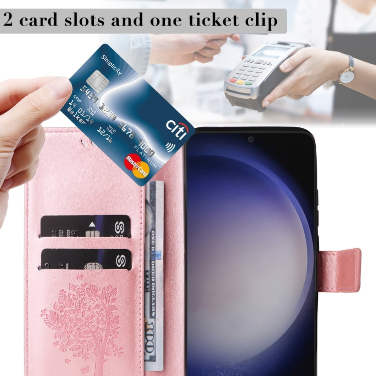 For Samsung Galaxy S25 / S24 5G Tree & Cat Embossed Pattern Flip Leather Phone Case(Rose Gold) by buy2fix