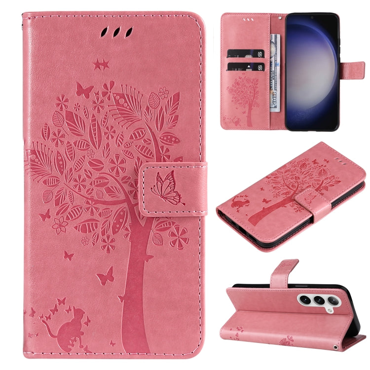 For Samsung Galaxy S25+ / S24+ 5G Tree & Cat Embossed Pattern Flip Leather Phone Case(Pink) by buy2fix