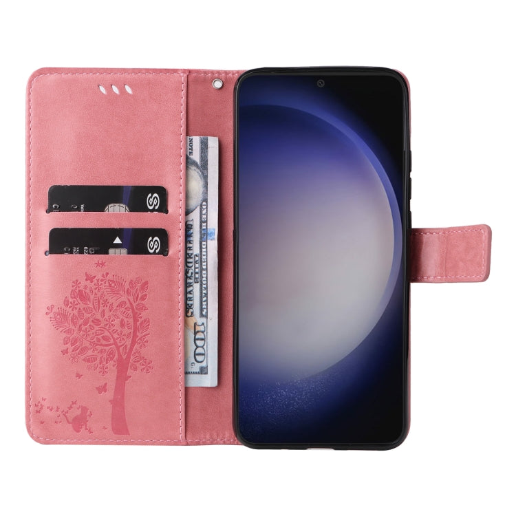For Samsung Galaxy S25+ / S24+ 5G Tree & Cat Embossed Pattern Flip Leather Phone Case(Pink) by buy2fix