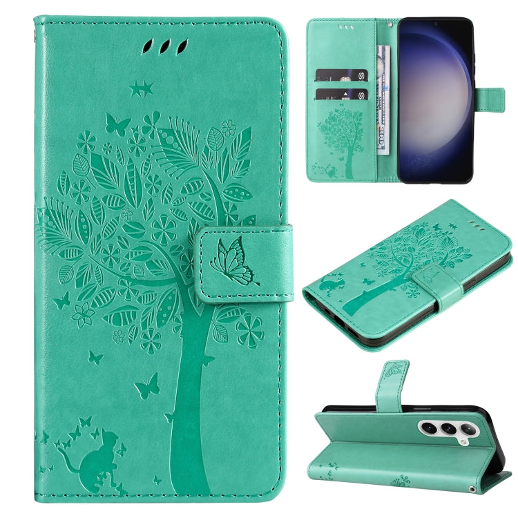 For Samsung Galaxy S25+ / S24+ 5G Tree & Cat Embossed Pattern Flip Leather Phone Case(Green) by buy2fix