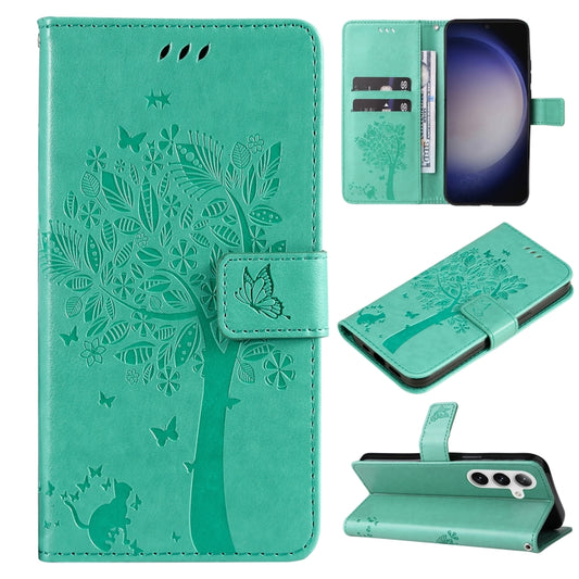 For Samsung Galaxy S25+ / S24+ 5G Tree & Cat Embossed Pattern Flip Leather Phone Case(Green) by buy2fix