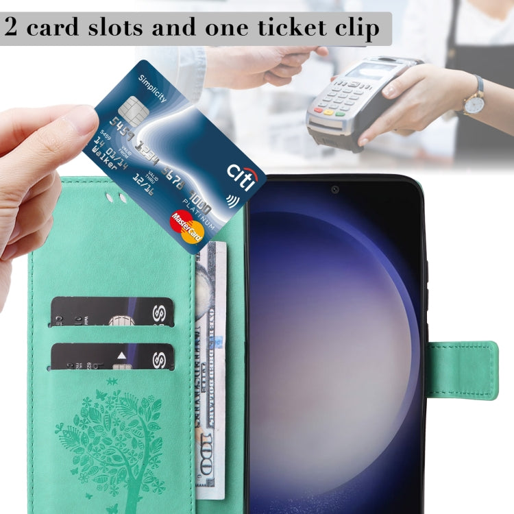 For Samsung Galaxy S25+ / S24+ 5G Tree & Cat Embossed Pattern Flip Leather Phone Case(Green) by buy2fix