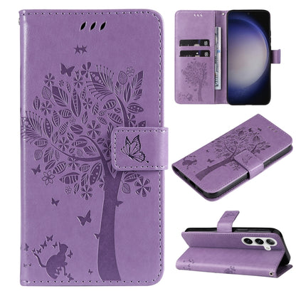 For Samsung Galaxy S25+ / S24+ 5G Tree & Cat Embossed Pattern Flip Leather Phone Case(Light Purple) by buy2fix
