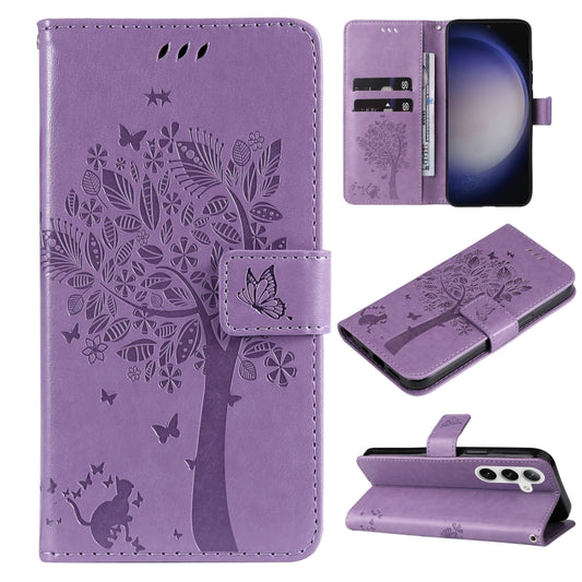 For Samsung Galaxy S25+ / S24+ 5G Tree & Cat Embossed Pattern Flip Leather Phone Case(Light Purple) by buy2fix