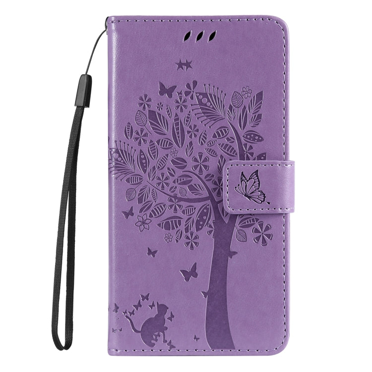 For Samsung Galaxy S25+ / S24+ 5G Tree & Cat Embossed Pattern Flip Leather Phone Case(Light Purple) by buy2fix
