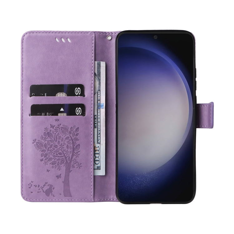 For Samsung Galaxy S25+ / S24+ 5G Tree & Cat Embossed Pattern Flip Leather Phone Case(Light Purple) by buy2fix