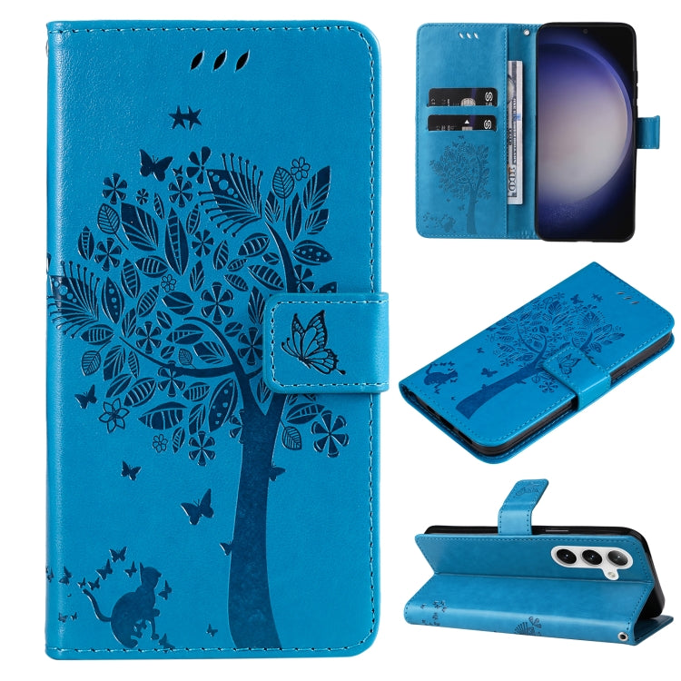 For Samsung Galaxy S25+ / S24+ 5G Tree & Cat Embossed Pattern Flip Leather Phone Case(Blue) by buy2fix