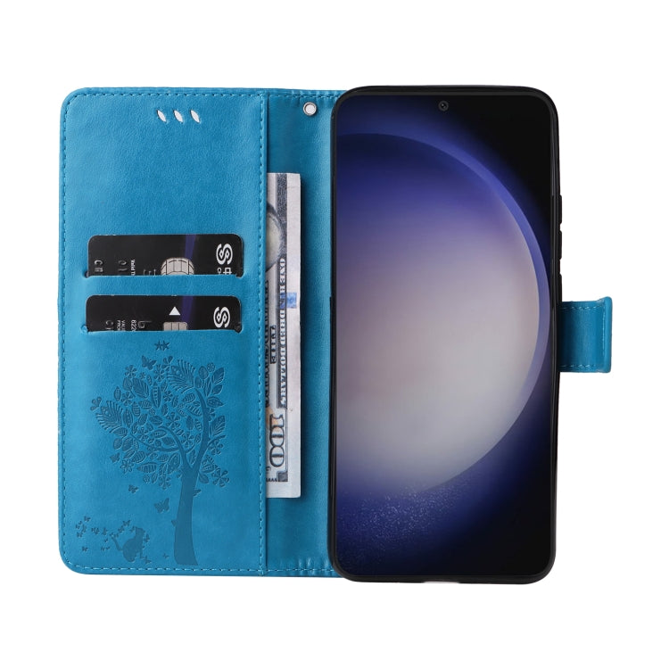 For Samsung Galaxy S25+ / S24+ 5G Tree & Cat Embossed Pattern Flip Leather Phone Case(Blue) by buy2fix