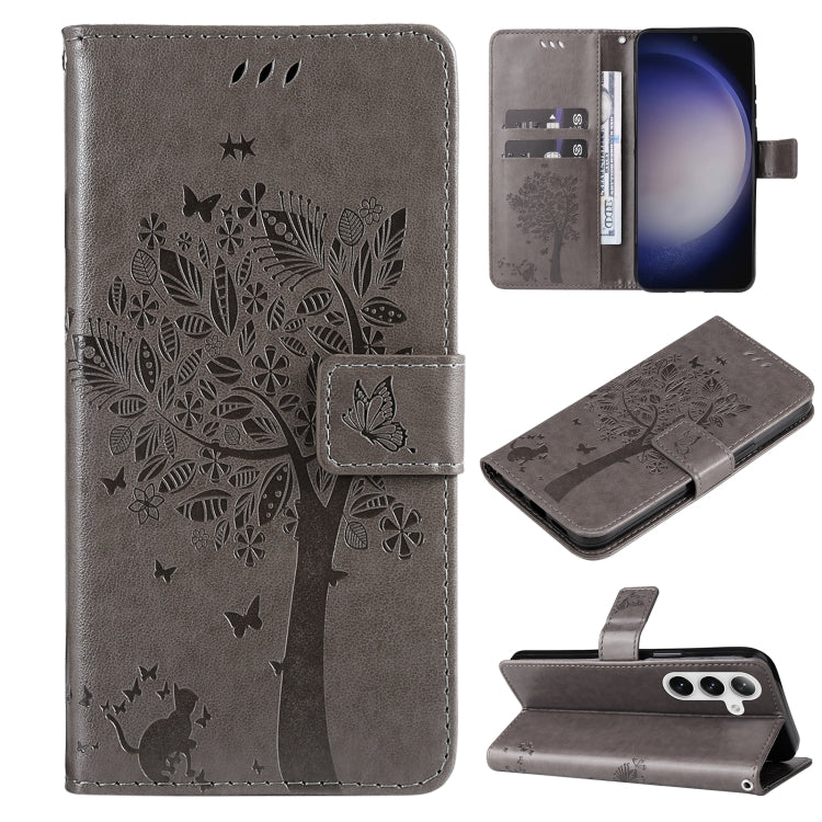 For Samsung Galaxy S25+ / S24+ 5G Tree & Cat Embossed Pattern Flip Leather Phone Case(Grey) by buy2fix