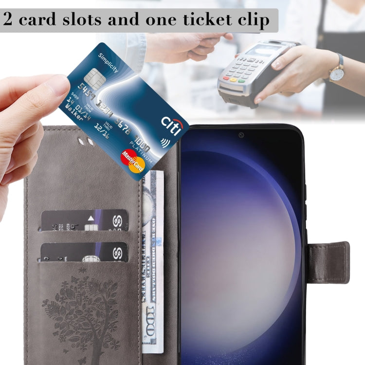 For Samsung Galaxy S25+ / S24+ 5G Tree & Cat Embossed Pattern Flip Leather Phone Case(Grey) by buy2fix