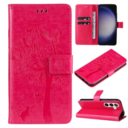 For Samsung Galaxy S25+ / S24+ 5G Tree & Cat Embossed Pattern Flip Leather Phone Case(Rose Red) by buy2fix
