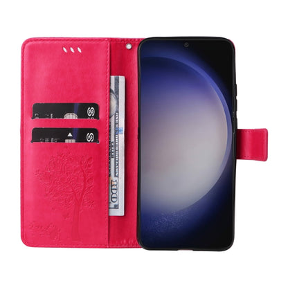 For Samsung Galaxy S25+ / S24+ 5G Tree & Cat Embossed Pattern Flip Leather Phone Case(Rose Red) by buy2fix