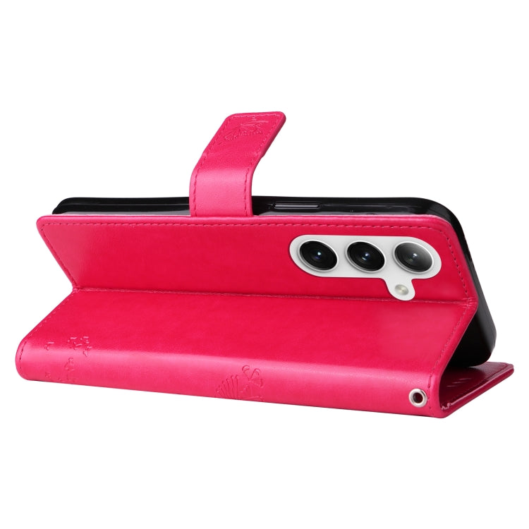 For Samsung Galaxy S25+ / S24+ 5G Tree & Cat Embossed Pattern Flip Leather Phone Case(Rose Red) by buy2fix