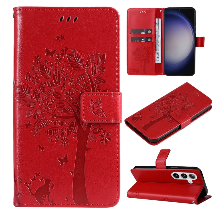 For Samsung Galaxy S25+ / S24+ 5G Tree & Cat Embossed Pattern Flip Leather Phone Case(Red) by buy2fix