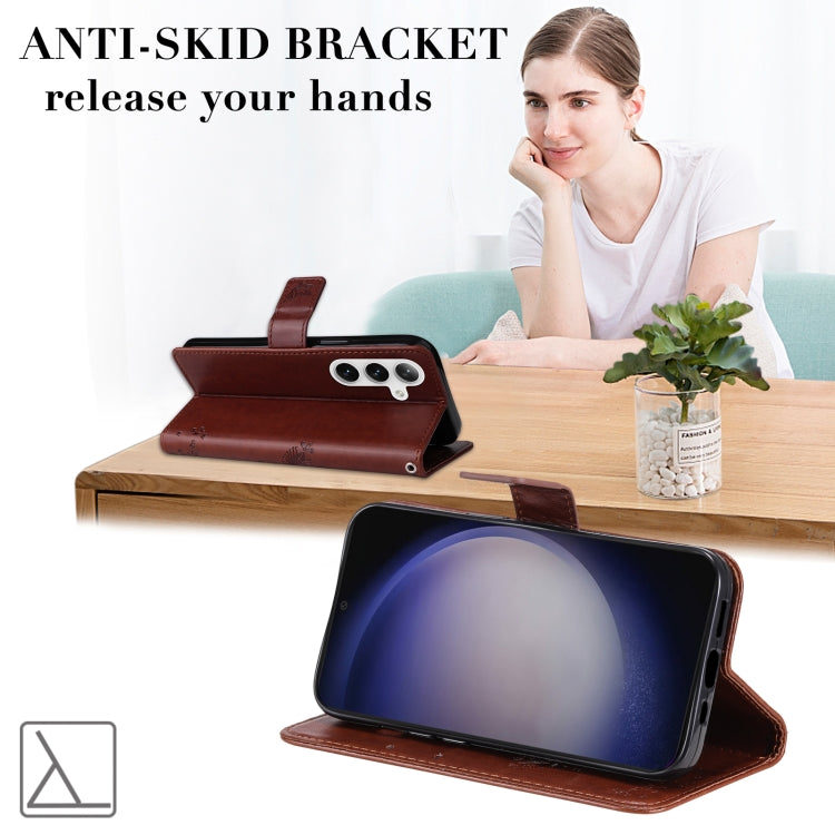 For Samsung Galaxy S25+ / S24+ 5G Tree & Cat Embossed Pattern Flip Leather Phone Case(Coffee) by buy2fix