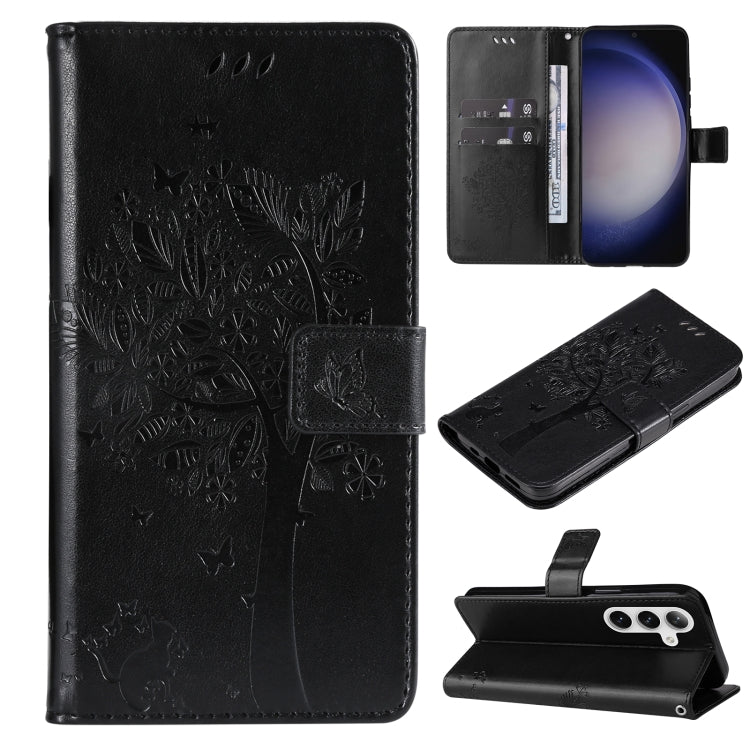 For Samsung Galaxy S25+ / S24+ 5G Tree & Cat Embossed Pattern Flip Leather Phone Case(Black) by buy2fix