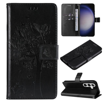 For Samsung Galaxy S25+ / S24+ 5G Tree & Cat Embossed Pattern Flip Leather Phone Case(Black) by buy2fix